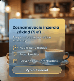 Produktová grafika služby Zoznamovacia inzercia – Základ (5 €) zameraná na reálne stretnutia a zoznámenie bez swipovania.