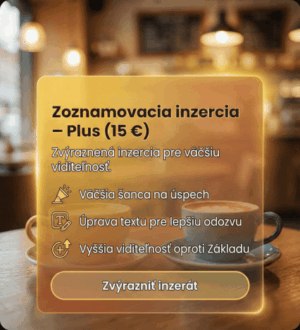 Produktová grafika služby Zoznamovacia inzercia – Plus (15 €) so zvýraznením, úpravou textu a vyššou viditeľnosťou oproti základu.