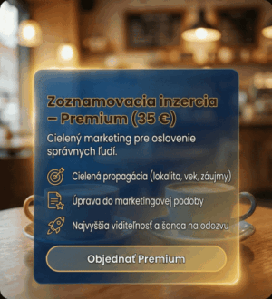 Produktová grafika služby Zoznamovacia inzercia – Premium (35 €) zahŕňajúca cielený marketing (lokalita, vek, záujmy), marketingovú úpravu a najvyššiu viditeľnosť.