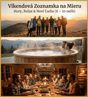 Propagačná koláž pre produkt 'Víkendová Zoznamka na Mieru: Hory, Relax & Noví Ľudia (8 – 10 osôb)'. Obrázok je rozdelený na tri časti: horná fotografia zobrazuje skupinu šťastných turistov na vrchole hory pri západe slnka, stredná fotografia ukazuje pár relaxujúci v drevenej kadi s výhľadom na hory a spodná fotografia zachytáva partiu ľudí pri spoločnej večeri v útulnom drevenom zrube s horiacim krbom.