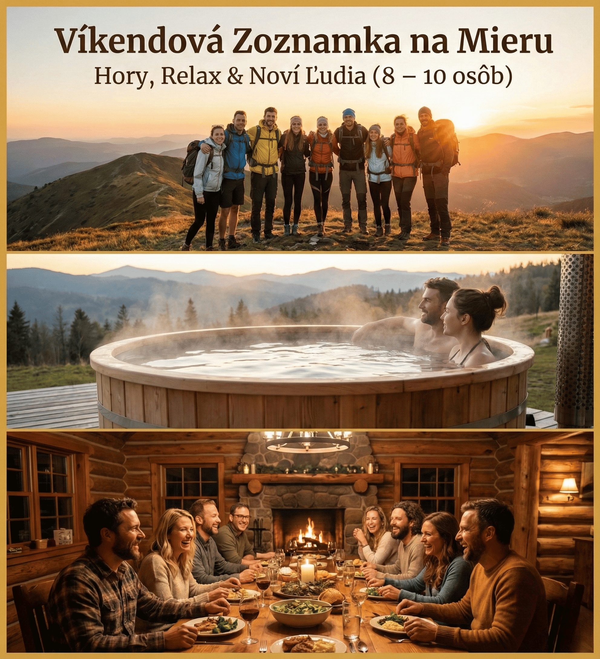 Propagačná koláž pre produkt 'Víkendová Zoznamka na Mieru: Hory, Relax & Noví Ľudia (8 – 10 osôb)'. Obrázok je rozdelený na tri časti: horná fotografia zobrazuje skupinu šťastných turistov na vrchole hory pri západe slnka, stredná fotografia ukazuje pár relaxujúci v drevenej kadi s výhľadom na hory a spodná fotografia zachytáva partiu ľudí pri spoločnej večeri v útulnom drevenom zrube s horiacim krbom.