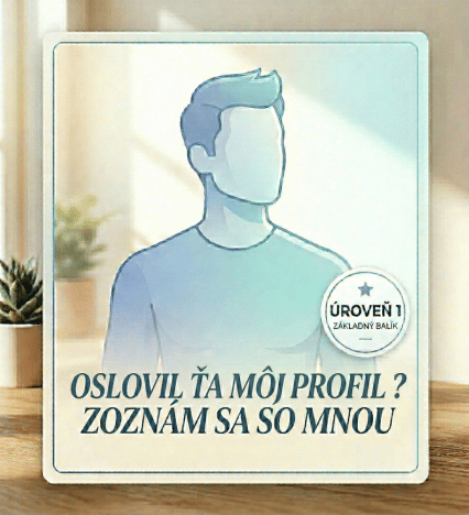 Marketingový produktový obrázok pre základný prístup k profilom mužov na zoznamke. Moderná modrá silueta muža s textom Úroveň 1 a Základný balík.