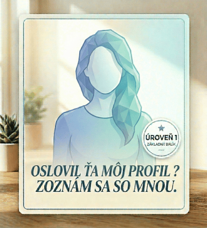 Produktový obrázok pre základný balík zoznamky s prístupom k ženám. Geometrická (low-poly) modro-zelená anonymná silueta ženy so zlatým badgeom Úroveň