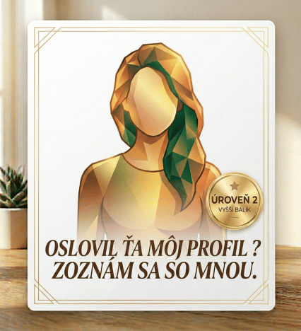 Zlatý a zelený geometrický portrét anonymnej ženy na marketingovom obrázku pre zoznamku. Badge s textom Úroveň 2 a Vyšší balík.