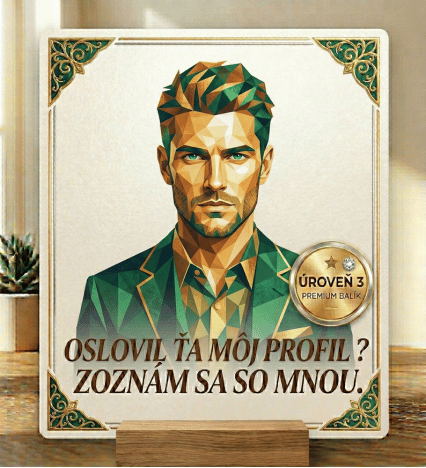 Luxusný, bohato zdobený geometrický portrét muža v zlato-zeleno-modrých tónoch s ornamentálnym rámom. Diamantový badge Úroveň 3 a Premium balík.