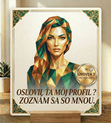 marketingový obrázok pre najvyššiu úroveň zoznamky. Bohatý zlato-diamantový geometrický portrét ženy v luxusnom ornátovom ráme so zlatým badgeom Úroveň 3.